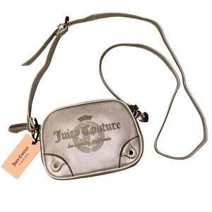 Juicy Couture Y2K Metallic Silver Faux Leather Namesake Mini Crossbody Bag